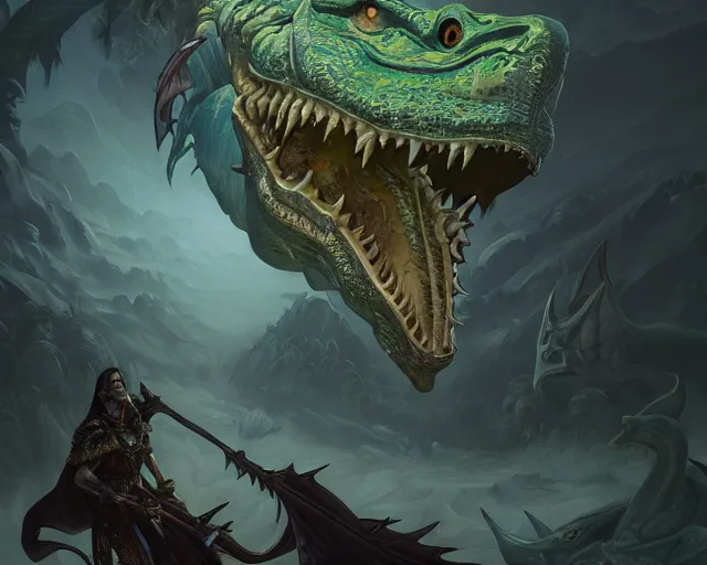 Image similar to forsaken crocodile god, cinematographic shot, deep focus, d & d, fantasy, intricate, elegant, highly detailed, digital painting, artstation, concept art, matte, sharp focus, illustration, hearthstone, magic the gathering, art by wesley burt and karla ortiz and alphonse mucha