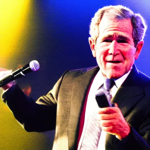 Image similar to stunning awe inspiring george w bush performing at a rap concert, movie still 8 k hdr atmospheric lighting