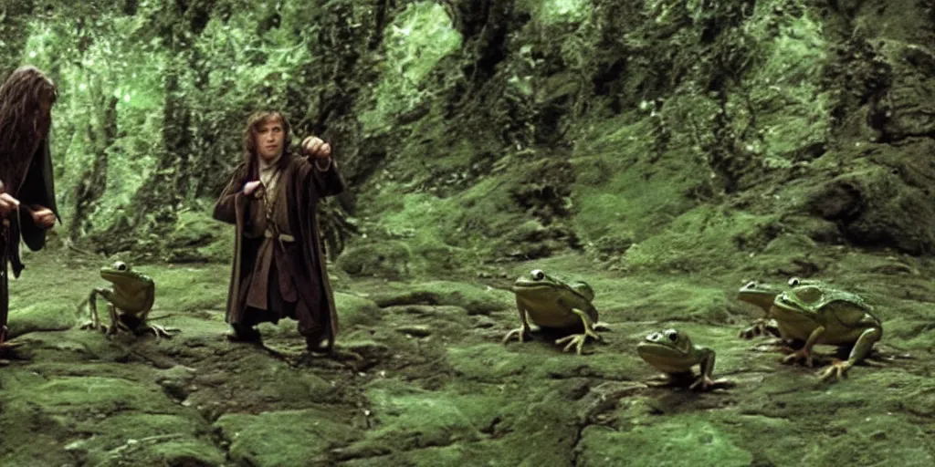 Prompt: movie film still scene, lord of the rings with frogs