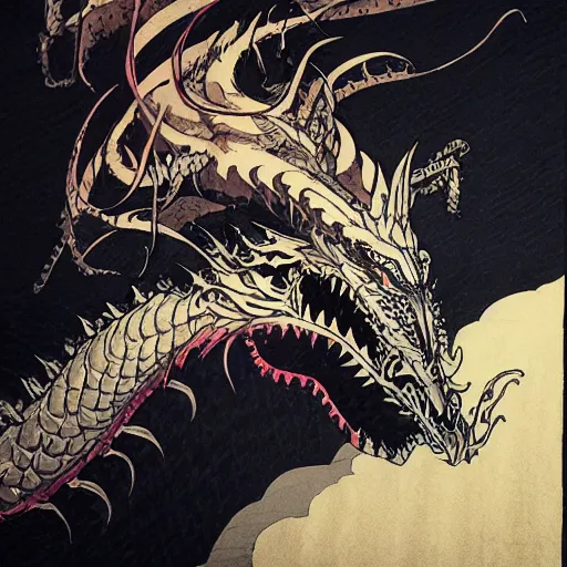 Prompt: close-up head of a furious dragon by Katsushika Hokusai, Pete Mohrbacher, Yoji Shinkawa + dark clouds + Portrait + gothic illustration + Trending on Artstation + Intricate details