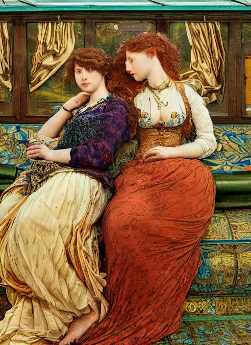 Image similar to detailed colourful masterpiece of intricate preraphaelite art novueau photography couple portrait sat down extreme closeup, love, inside an underwater train, detailed realistic expressions, wearing unusual clothes, by ford madox brown and frederic leighton, ultra wide angle