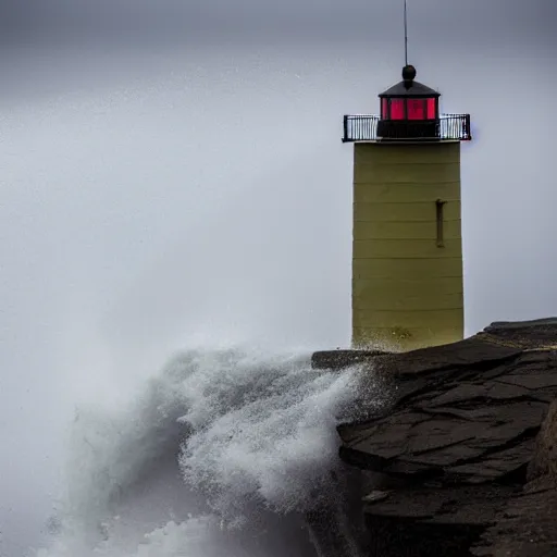 Prompt: light house on cliffs with rough seas and high waves, stormy unreal 5