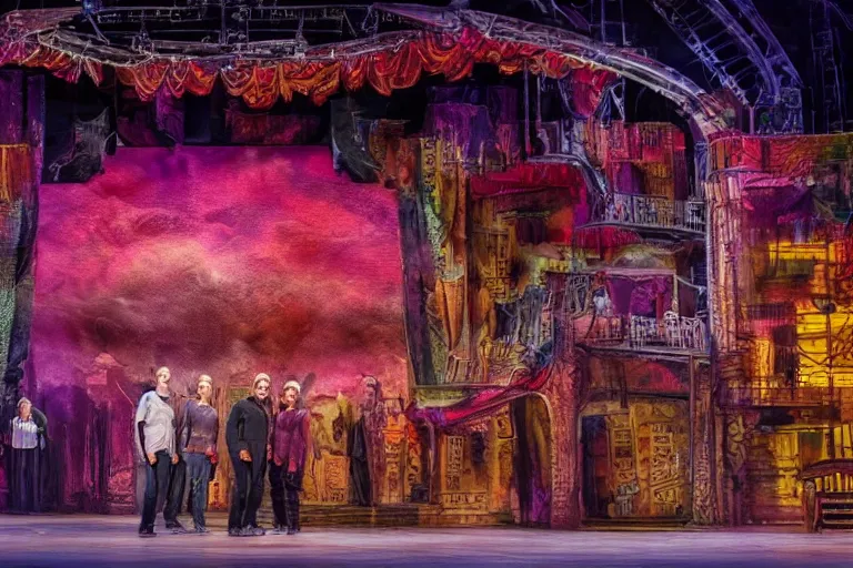 Prompt: photo of a huge theaterstage, play is ghost in the machine, 3 actors on stage, 8 k, multicolored, exaggerated detailed, long shot