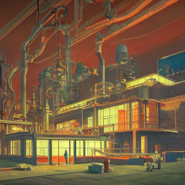 Prompt: oil factory space station, highly detailed, Edward Hopper and James Gilleard, Simon Stalenhag highly detailed