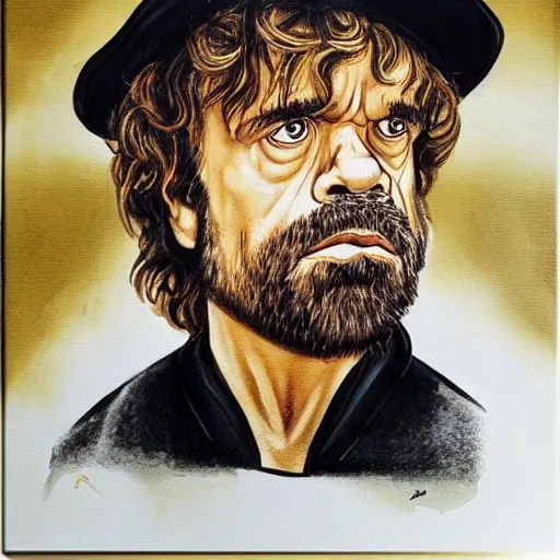 Prompt: Tyrion Lannister wearing a black baseball cap with a gold necklace that spells LEONIE, looking hiphop style painting