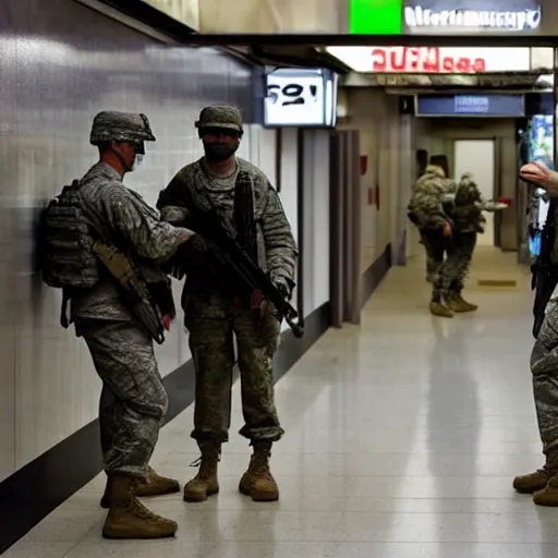 Prompt: FBI soldiers hiding behind a subway counter