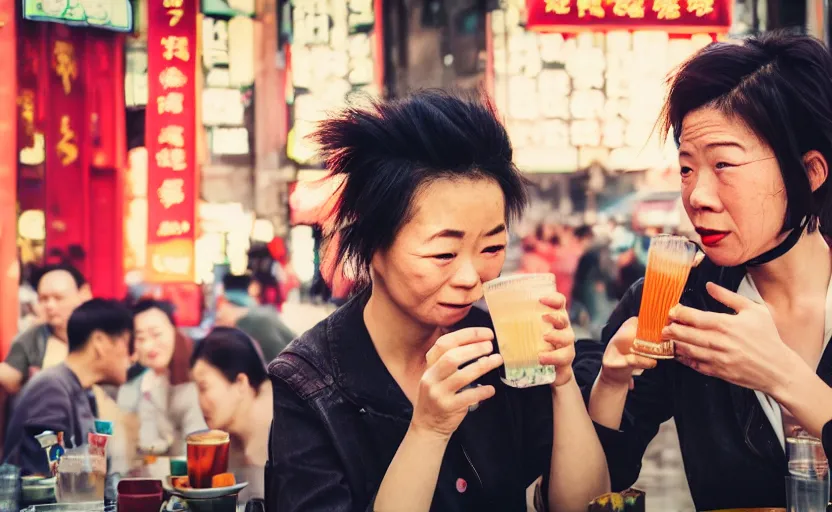 Prompt: cinestill 5 0 d candid photographic portrait by helen levitt of two android women sharing a drink at a cafe in cyberpunk china, extreme closeup, modern cyberpunk, dust storm, 8 k, hd, high resolution, 3 5 mm, f / 3 2, ultra realistic faces, intricate detail, ex machina