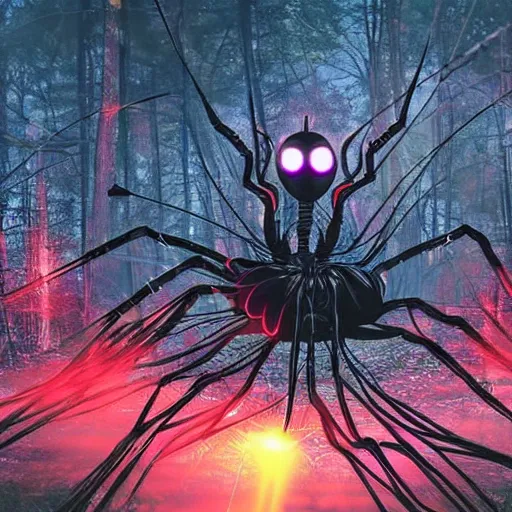 Image similar to a giant robot spider with wings and a single glowing red eye in the middle of an ethereal forest, lots of wires, demonic