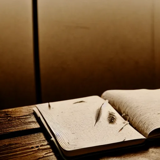 Image similar to highly detailed close up photo of an old worn notebook on wooden table, old table, feather pen, light coming out of near window, moody lighting, dim atmosphere, dust in air