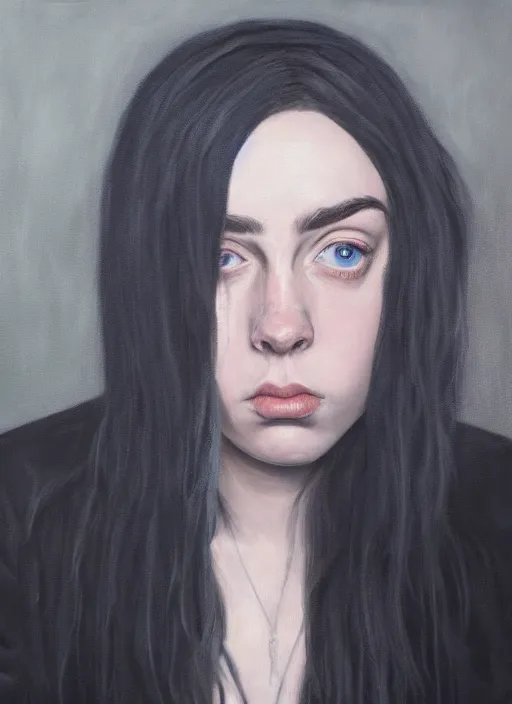Prompt: realistic oil painting highly detailed billie eilish looking at you, dark background