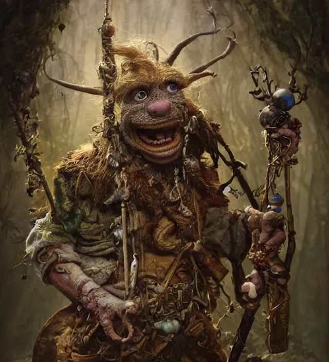 Prompt: hyper realistic portrait of postapocalyptic muppet show elf goblin death cult monk, glass beads, clay amulets, cinematic, symmetric, dark crystal, artstation, cgsociety, brian froud, alan lee, jean baptiste monge, scott radke