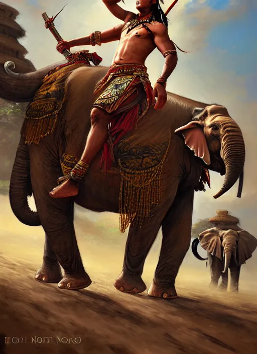 Image similar to portrait of a tai ethnic warlord rides an asian war elephant with emotional movement in the battlefield, closeup portrait, historical, tai ethnic decoration, elegant, loin cloth, highly detailed, oil painting, artstation, concept art, matte, sharp focus, illustration, hearthstone, art by earl norem