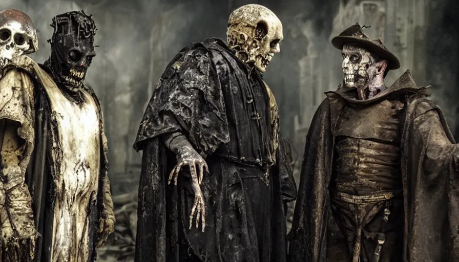 Prompt: Movie by Ridley Scott about a lavishly dressed necromancer priest and a cyborg zombie stand outside a burnt down 16th century alchemist lab