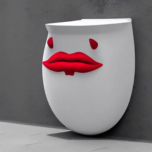 Prompt: a urinal in the shape of a mouth with red lips, white teeth and a tongue