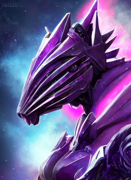 Image similar to cinematic bust shot, cosmic beautiful stunning giant robot mecha hot female dragon goddess, sharp spines, sharp metal ears, smooth purple eyes, smooth fuschia skin, elegant smooth silver armor, nebula size, epic proportions, epic scale, macro furry, furry art, dragon art, goddess art, giantess art, warframe, warframe fanart, furaffinity, octane
