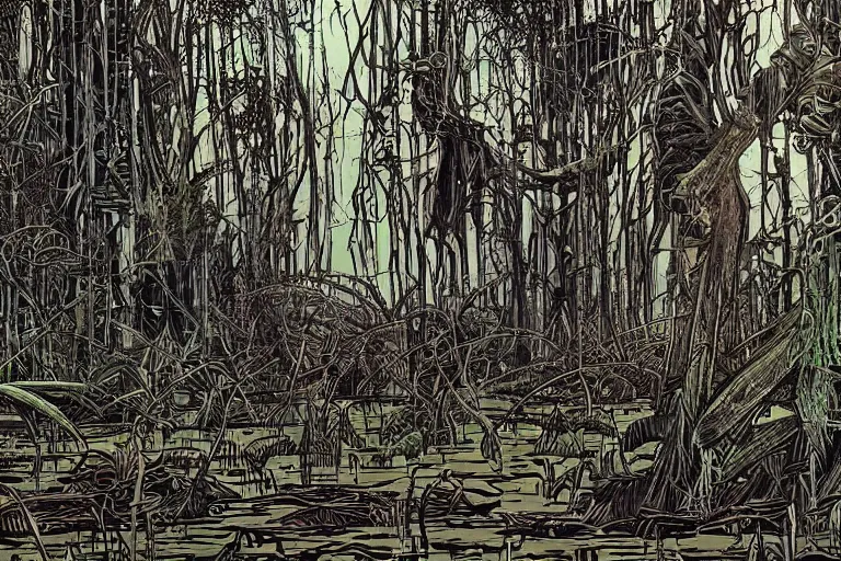 Image similar to scene from louisiana swamps, true detective, artwork by philippe druillet