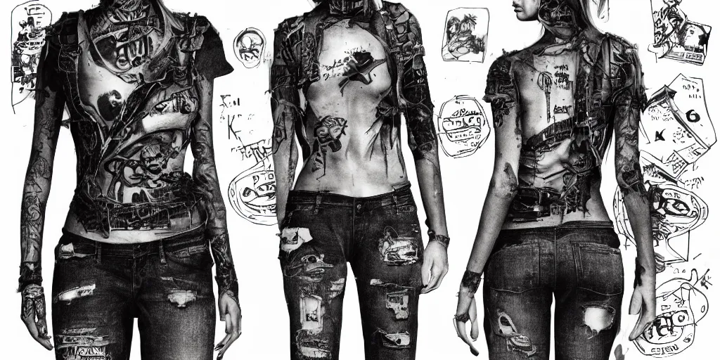 Image similar to samara weaving with her neck fully tattooed, wearing scratched and ripped leather jeans, wearing an aviator outfit with a smiley stamp on its back, character sheet, fine details, props, concept design, contrast, kim jung gi, greg rutkowski, trending on artstation, 8 k, full body, turnaround, front, back, ultra wide angle