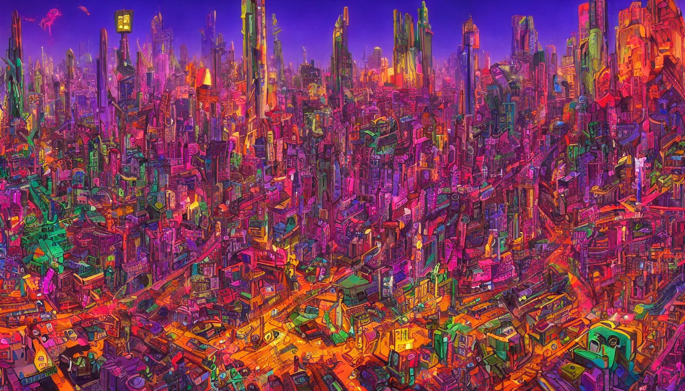 Image similar to surreal colorful nightmarish cityscape, 4k artwork by Ralph Bakshi