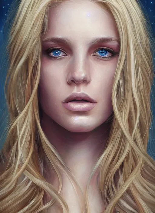 Image similar to a painting of a woman with long blonde hair, a photorealistic painting by magali villeneuve, featured on cgsociety, fantasy art, detailed painting, photorealistic