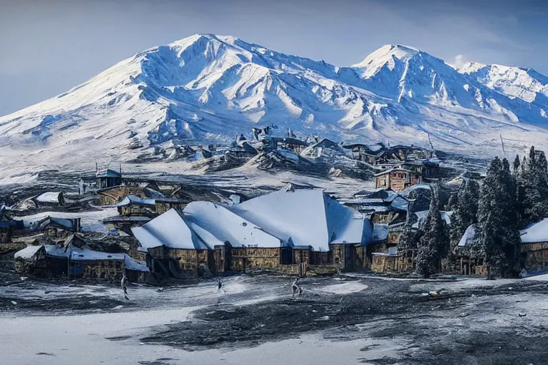 Prompt: cottege settlement with lots of trees on the foot of the Elbrus mountain mountain covered by snow, architecture, matte painting, high details, ecofuturism,