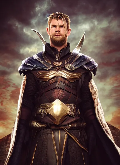 Prompt: A fantasy comic book style portrait painting of Chris Hemsworth as a Warrior Sorcerer in dark castle setting, unreal 5, DAZ, hyperrealistic, octane render, RPG portrait, dynamic lighting