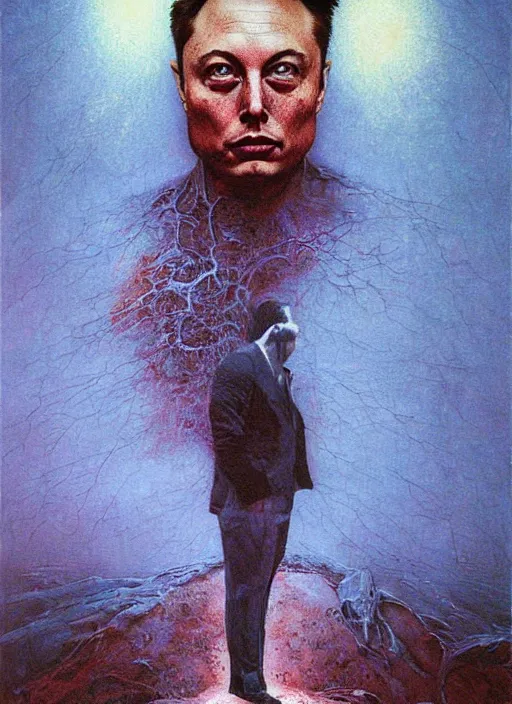 Image similar to A painting of Elon Musk in style of Beksinski. Very detailed