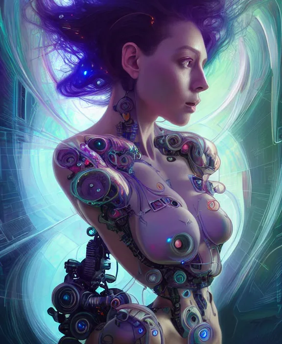 Image similar to a whirlwind of souls rushing inside the metaverse, hologram, half body, neurochip, shaved temple, piercing, jewelry, android, cyborg, cyberpunk face, by loish, d & d, fantasy, intricate, elegant, highly detailed, colorful, digital painting, artstation, concept art, art by artgerm and greg rutkowski and alphonse mucha