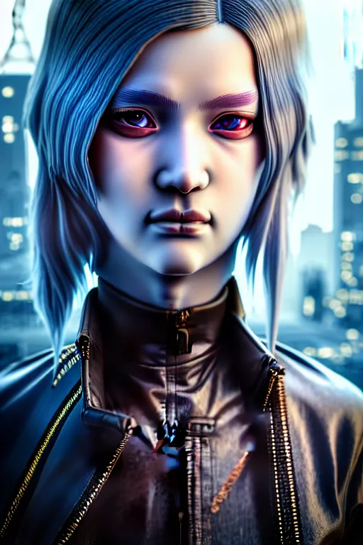 Image similar to hyperdetailed very close portrait of a european sixteen years old woman with grey eyes in a leather suit with a pin in a cyberpunk city inspired by ross tran and wlop and masamune shirow and kuvshinov, concept art, intricate, photorealistic, octane render, rtx, hdr, unreal engine, dnd digital art by artgerm