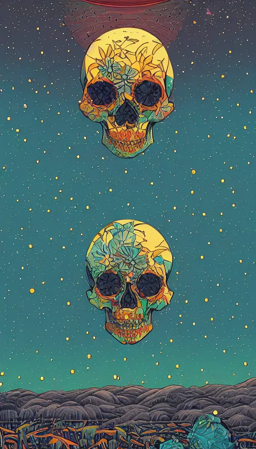 Image similar to Floral skulls floating in starlit sunset sky, italian futurism, Dan Mumford, da vinci, Josan Gonzalez