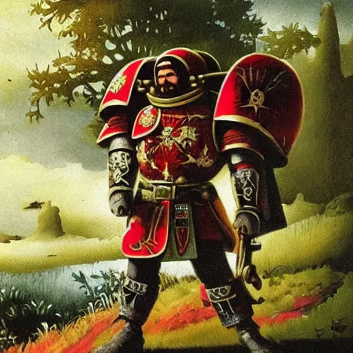 Prompt: ottoman sultanate space marine, lush pastoral woodland scene, pulp science fiction illustration