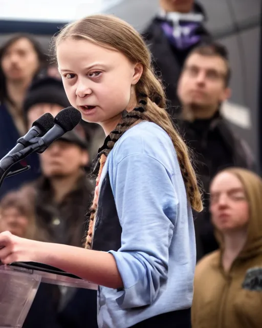 Prompt: film still close - up shot of greta thunberg giving a speech in a train station full of raw meat. photographic, photography