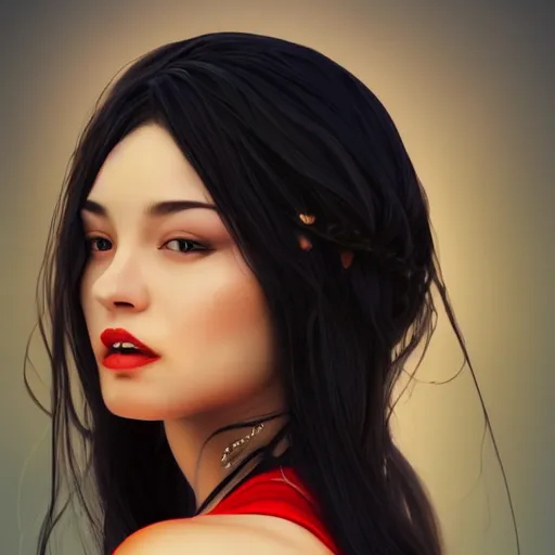 Image similar to woman with long dark black hair wearing red clothing standing by the beach, beautiful, 8k, highly detailed, realistic, artgerm, sakimichan, rutkowski, trending on artstation, perfect face, portrait, high contrast, golden light, dramatic lighting,