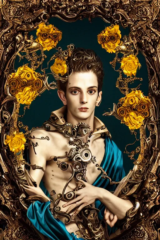 Image similar to full-body baroque and cyberpunk style sculpture of a young handsome Spanish prince half android with a chest opening exposing circuitry and electric sparks, glowing yellow laser eyes, crown of yellow roses, flowing teal-colored silk, fabric, flowers. baroque elements, human skull. full-length view. baroque element. intricate artwork by caravaggio. many many birds birds on background. Trending on artstation, octane render, cinematic lighting from the right, hyper realism, octane render, 8k, depth of field, 3D