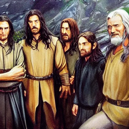 Prompt: ultra-detailed painting of Aragorn, Gimli, Frodo, Gandalf, Legolas and Boromir from the Tolkien book Fellowship of the Ring meeting at Elrond's house to plan for battle in the style of Edward Hopper