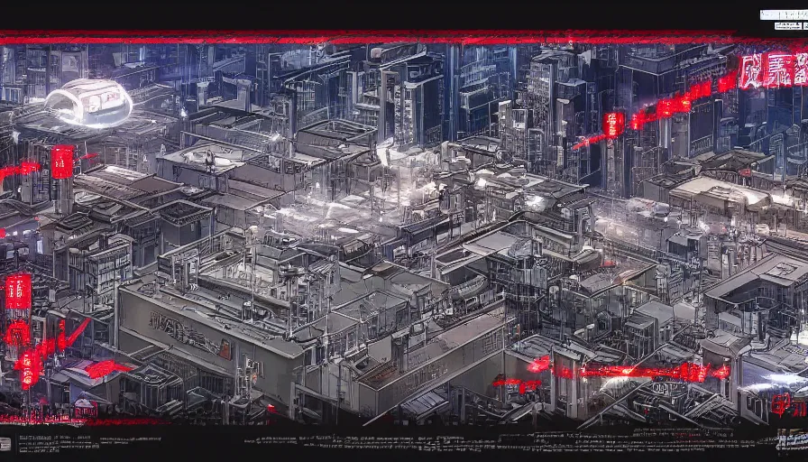 Prompt: Concept Art Illustration of neo-Tokyo Maximum Security Bank, in the Style of Akira, Syndicate Corporation, Anime, Dystopian, Highly Detailed, Helipad, Special Forces Security, Blockchain Vault, Searchlights, Shipping Docks, Shipping Containers of Money :2 by Katsuhiro Otomo : 8