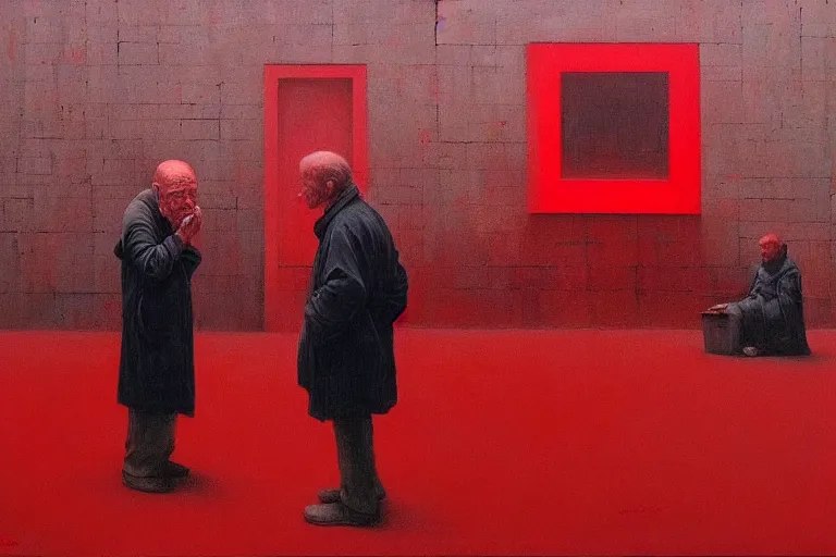 Image similar to only with red, a red old man try to sell a portrait, a crowd cheering, in a city square, in the style of beksinski, parts by edward hopper, parts by rodcenko, parts by yue minjun, intricate and epic composition, red by caravaggio, insanely quality, highly detailed, masterpiece, red light, artstation, 4 k