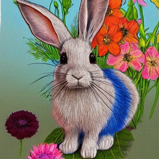 Image similar to The drawing is a beautiful and playful work that perfectly encapsulates the artist's unique style. The drawing features a rabbit made out of ceramic, which is surrounded by brightly colored flowers. The work is both charming and sophisticated, and it is sure to bring a smile to any viewer's face. pastel by Serge Marshennikov, by Ryoji Ikeda