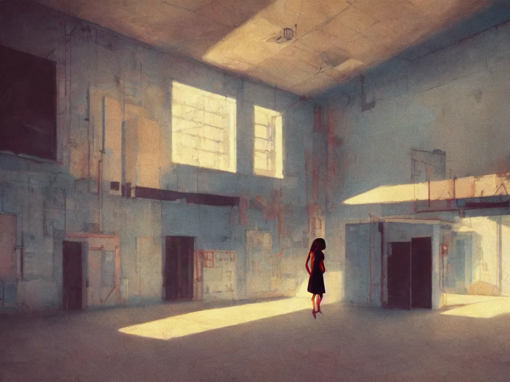 Prompt: lone girl levitating inside empty abandoned large factory, stanley kubrick the shinning, vibrant colors americana, cinematic, volumetric lighting, realistic, detailed, painting in the style of edward hopper