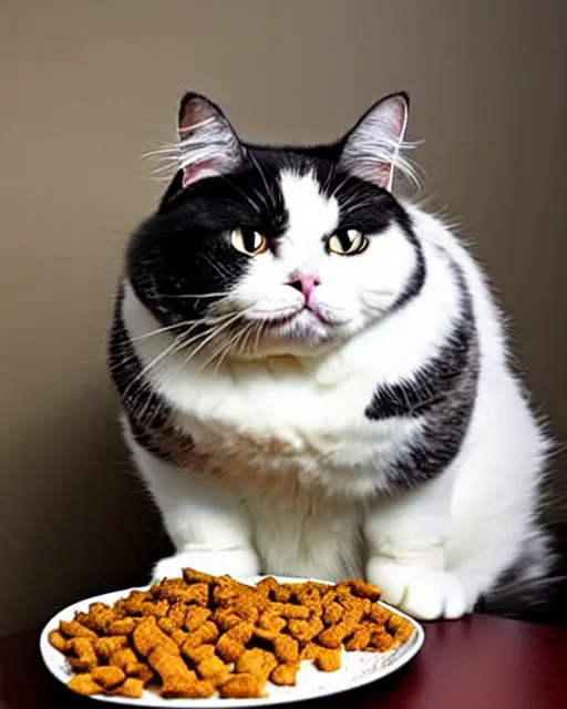 Prompt: Fluffy fat cat standing on two legs, wearing a crown, looking indignantly at the half-empty food bowl presented before her. Award-winning photograph, trending, funny, heartwarming