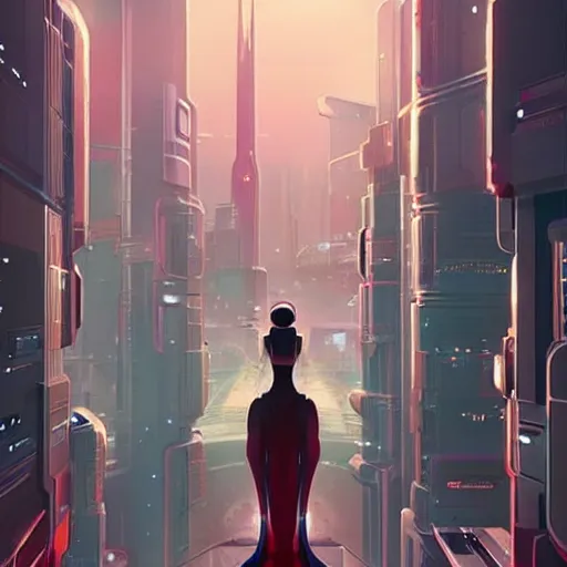 Prompt: ' \ n \ na futuristic looking cityscape with a woman standing on top, cyberpunk art by james gilleard, cgsociety, retrofuturism, retrofuturism'