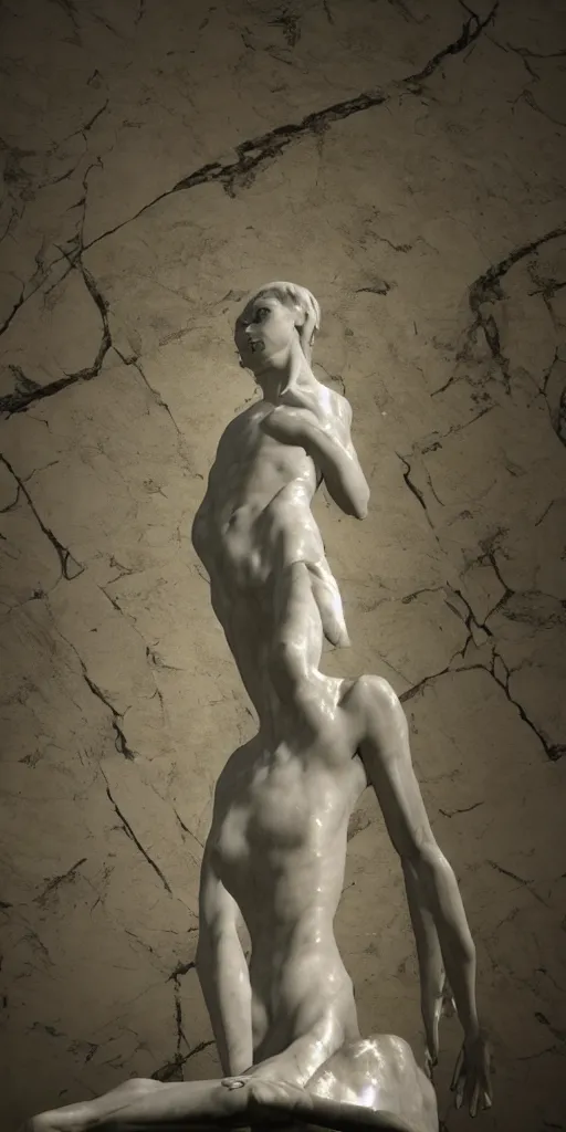 Image similar to weird marble statue close up in a dark room, creepy and eerie athmosphere, mist, godrays, photorealistic, highly detailed, unreal engine