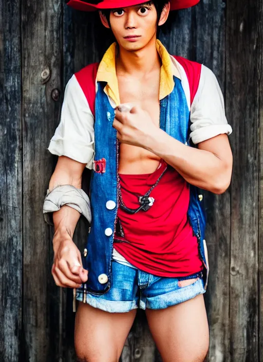 Image similar to A full portrait photo of real-life luffy one piece, f/22, 35mm, 2700K, lighting, perfect faces.