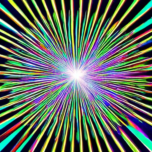 Prompt: A mandala of 40 perfectly conical glass prisms in a circle is placed in front of a bright white light source while the camera taking the picture is pointed at the wall, the white light passing through Intersecting a plane through a prism and illuminating it with a very vivid spectral caustics, very very clear, HD, 16k