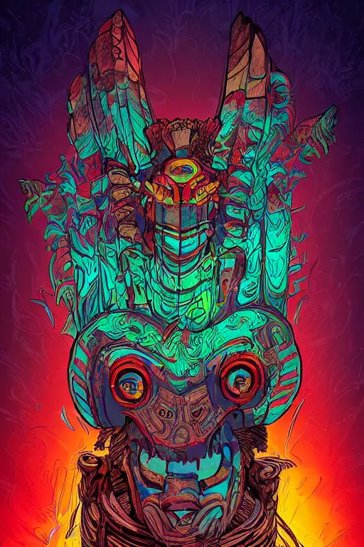 Image similar to totem animal tribal chaman vodoo mask feather gemstone plant wood rock video game illustration vivid color borderlands by josan gonzales and dan mumford radiating a glowing aura