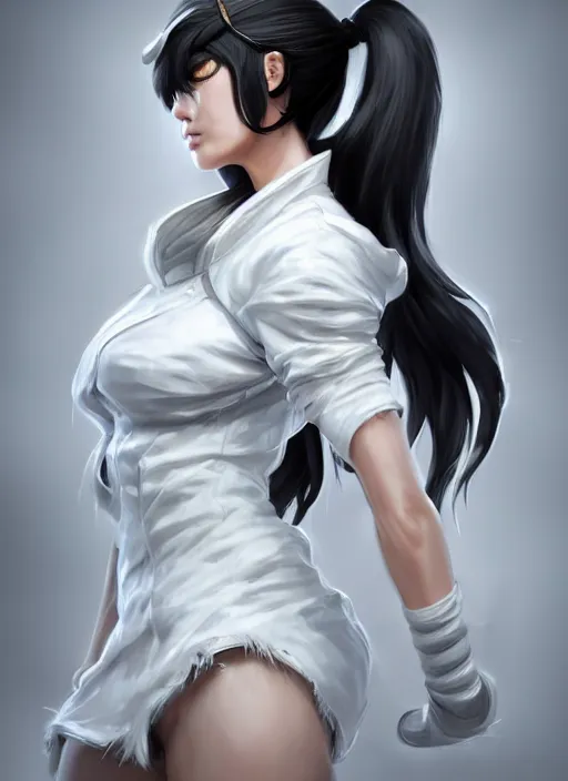 Image similar to a highly detailed illustration of fierce tall amazon messy ponytail black haired one armed delinquent japanese woman wearing white cap wearing long white jacket with cape, powerful imposing pose, muscular, perfect face, intricate, elegant, highly detailed, centered, digital painting, artstation, concept art, smooth, sharp focus, league of legends concept art, wlop.