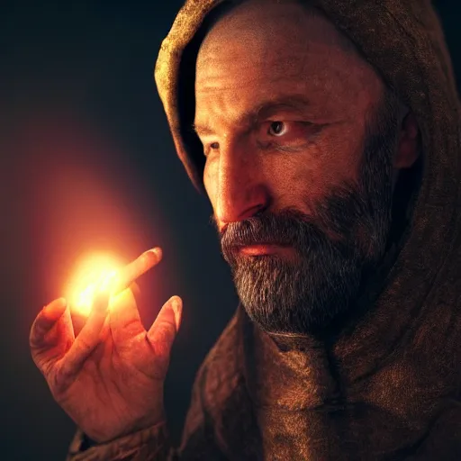 Prompt: A stunning portrait of a powerful wizard. He casts a spell, an orb of magical fire hovers above his hands. Epic fantasy art. Award-winning on Artstation. Sharp. HD. 4K. 8K