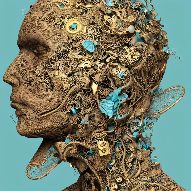 Prompt: cinema 4d colorful render, dark scene, ultra detailed, of a porcelain white shiny hairless man's face. biomechanical, analog, macro lens, dark light, big leaves and large Dragonflies, stems, roots, fine foliage lace, turquoise gold details, high fashion haute couture, art nouveau fashion embroidered, intricate details, mesh wire, mandelbrot fractal, anatomical, facial muscles, cable wires, elegant, hyper realistic, in front of dark flower pattern wallpaper, ultra detailed