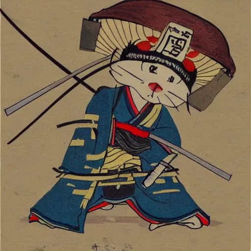 Image similar to japanese hamster samurai. with katana. anime art. old painting. sacura forest