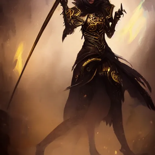 Image similar to magic the gathering character art by bastien lecouffe deharme of a eldritch warrior female wearing black armor with gold lining and a cloak made out of billowing shadows and black feathers, 8 k dop dof