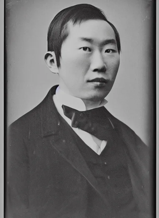 Image similar to a clear black and white photograph of Wu Ningkun, wearing a black suit, front portrait, face brightly lit and highlighted, high contrast, daguerreotype, by Nadar